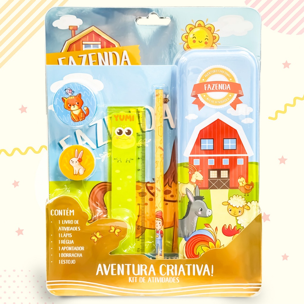 Livro Kit Escolar Fazenda - Livro Infantil De Atividades Educativas Com Estojo Lápis Régua Borracha E Apontador em Oferta na Shopee