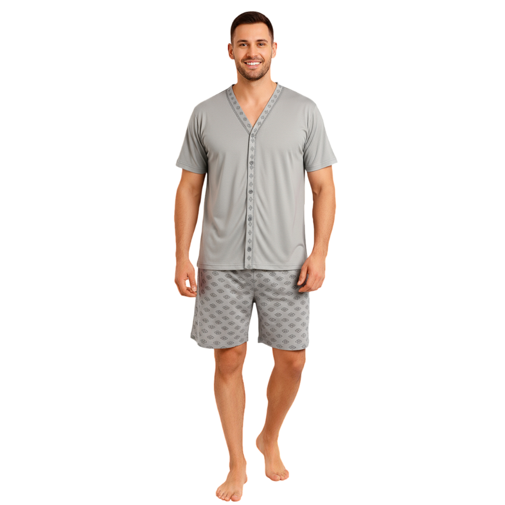 Pijama Masculino Adulto Botão Gola V Manga Shorts Curto Quentinho Macio Confortável