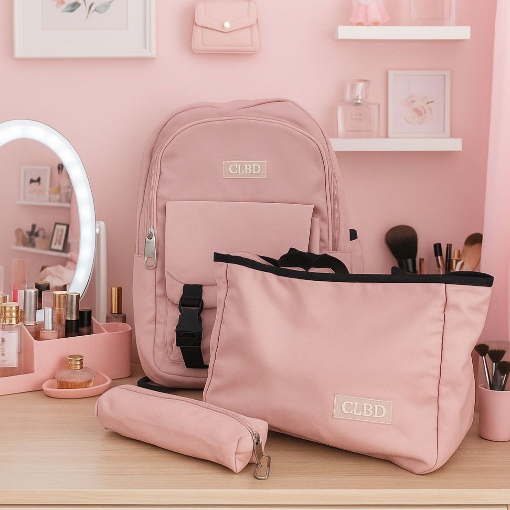 Kit Conjunto Feminino Com Mochila Bolsas Estojo Chaveiro Em Nylon Estilo Coreano Grande Capacidade