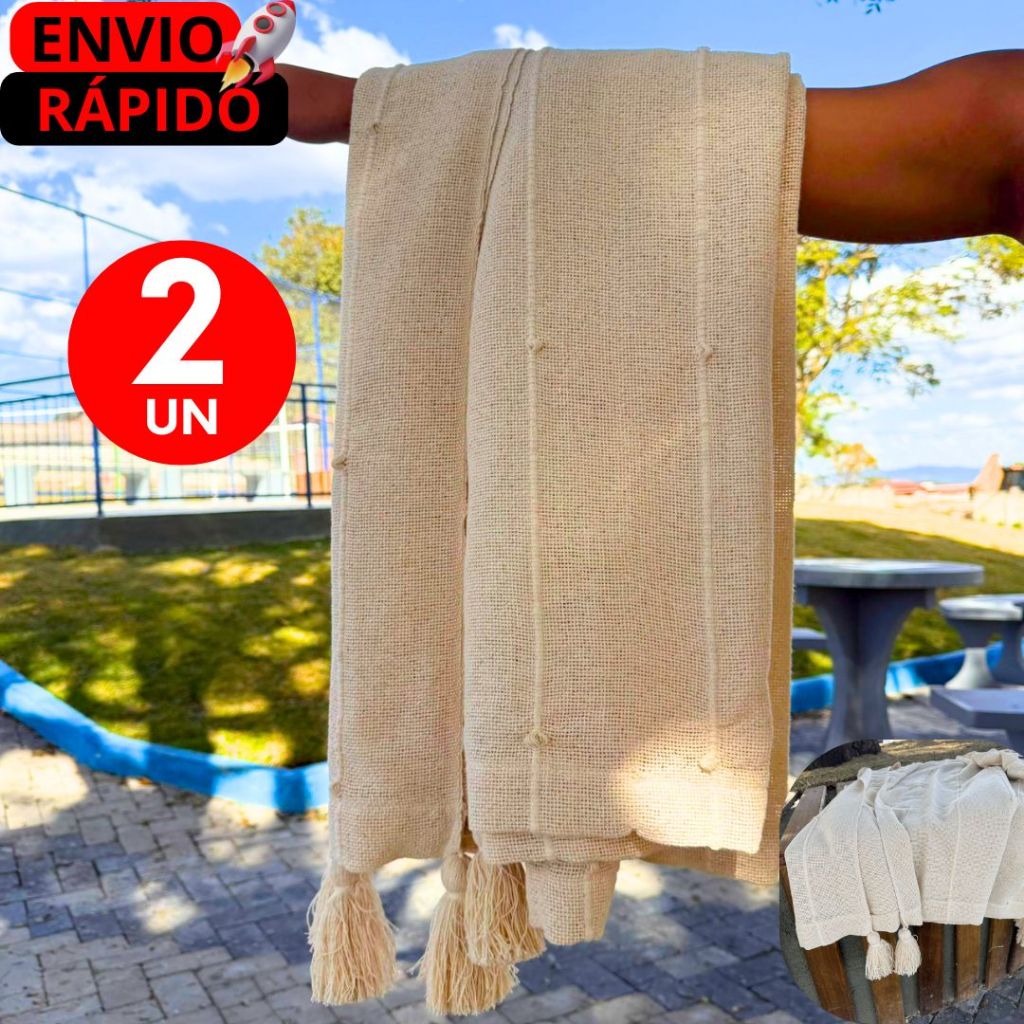 Conjunto - Mantas Premium Artesanal com Design Boho Chic com Pompom | Use em Sofá, Poltrona ou Cama.