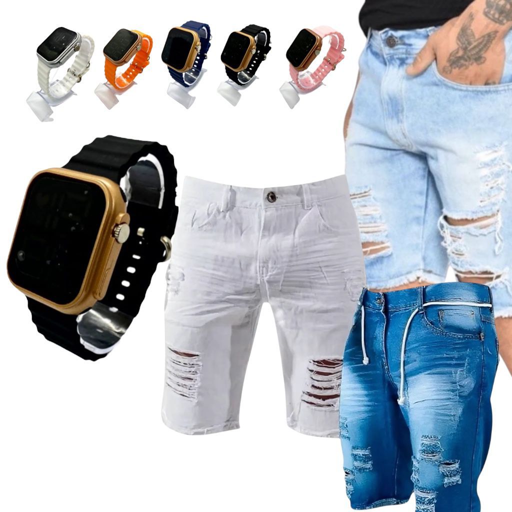 Kit Premium: Relógio Digital Premium LED Prova D’água + Bermuda Jeans Masculina Rasgada fim de ano