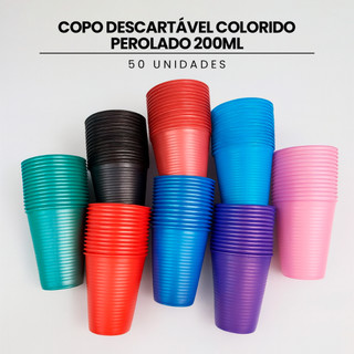 Copo Descartável para Festa de 50 Unidades Colorido Perolado 200ml