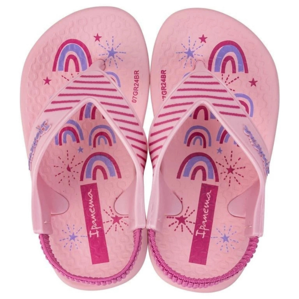 Chinelo Bebê Menina Ipanema Baby Anatômico Soft, Chinelo Infantil com Elástico, Rosa com Arco-íris, Antiderrapante