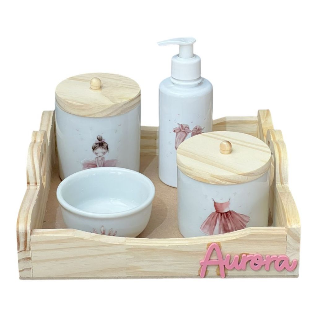 Kit Higiene Bebê Porcelana Bailarina Bandeja Coração ou Nuvem  Adesivo Dtf Uv Com Nome Personalizado 4 potes
