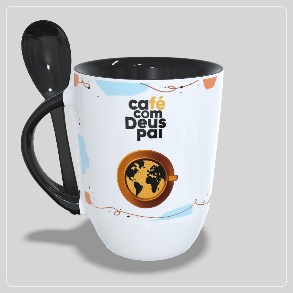 Caneca Café com Deus Pai com Colher Interior e Alça Preto - Lançamento