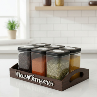 Bandeja Meus temperos organizadora 6 Potes em Mdf decorado Porta Condimentos Mantimentos Original em Oferta na Shopee