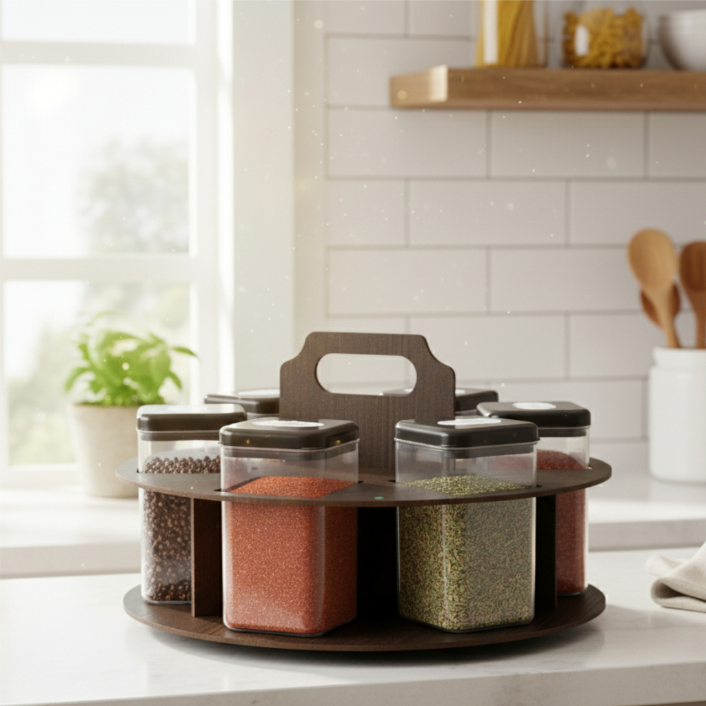 Porta Temperos redondo MDF para Mesa com 6 Potes para Condimentos e Mantimentos com alça decorado em Oferta na Shopee