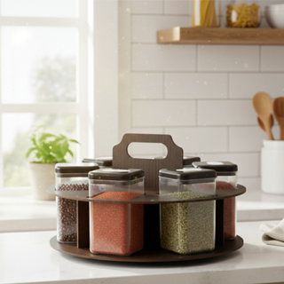 Porta Temperos redondo MDF para Mesa com 6 Potes para Condimentos e Mantimentos com alça decorado em Oferta na Shopee