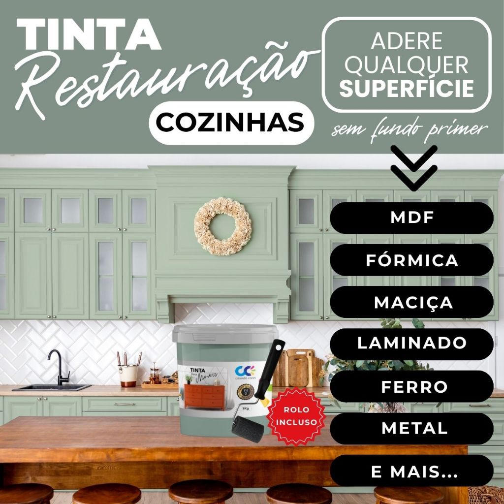 Tinta Restauração Armário e Gabinete de Cozinha Maciça MDF MDP Fórmica Ferro Metal Aço + Rolinho 5cm