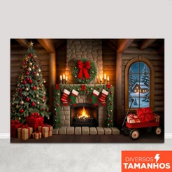 Painel Fundo Fotográfico Natal Decoração Cenário Lareira Rústica Em Tecido Sublimado – FNT-822