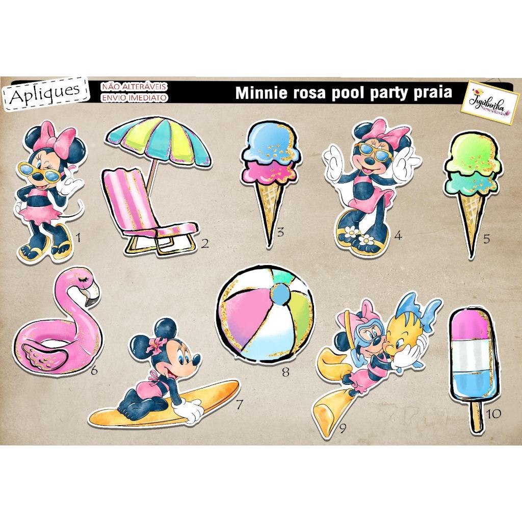 ADESIVO RECORTADOS - MINNIE ROSA POOL PARTY PRAIA  - ANIVERSÁRIOS, DECORAÇÃO, FESTAS, ENVIO IMEDIATO