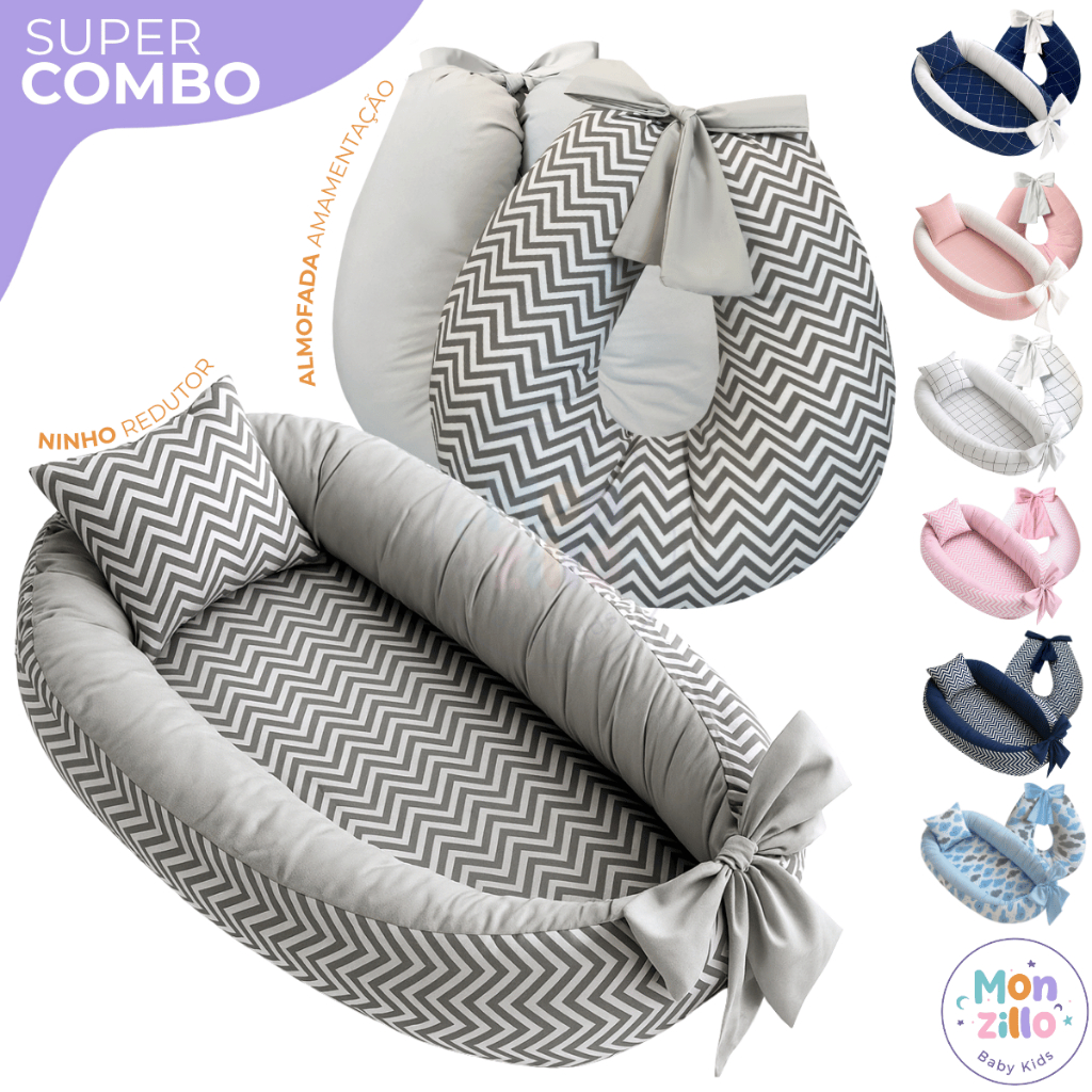 Kit Ninho Redutor Berço + Almofada Amamentação Com Laço 100% Algodão Estampado