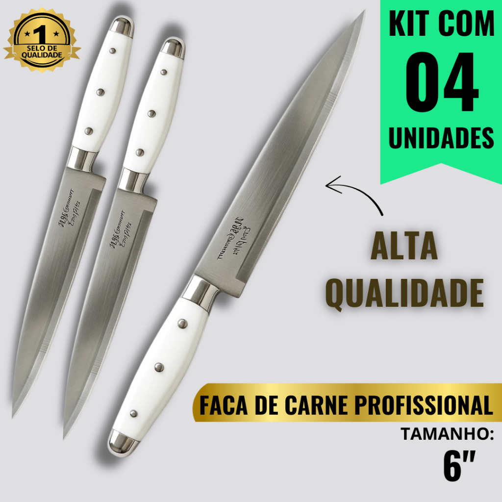 Kit 4 Facas Profissionais Linha Europa – Corte Preciso para Carnes, Legumes, Churrasco e Cozinha Diária