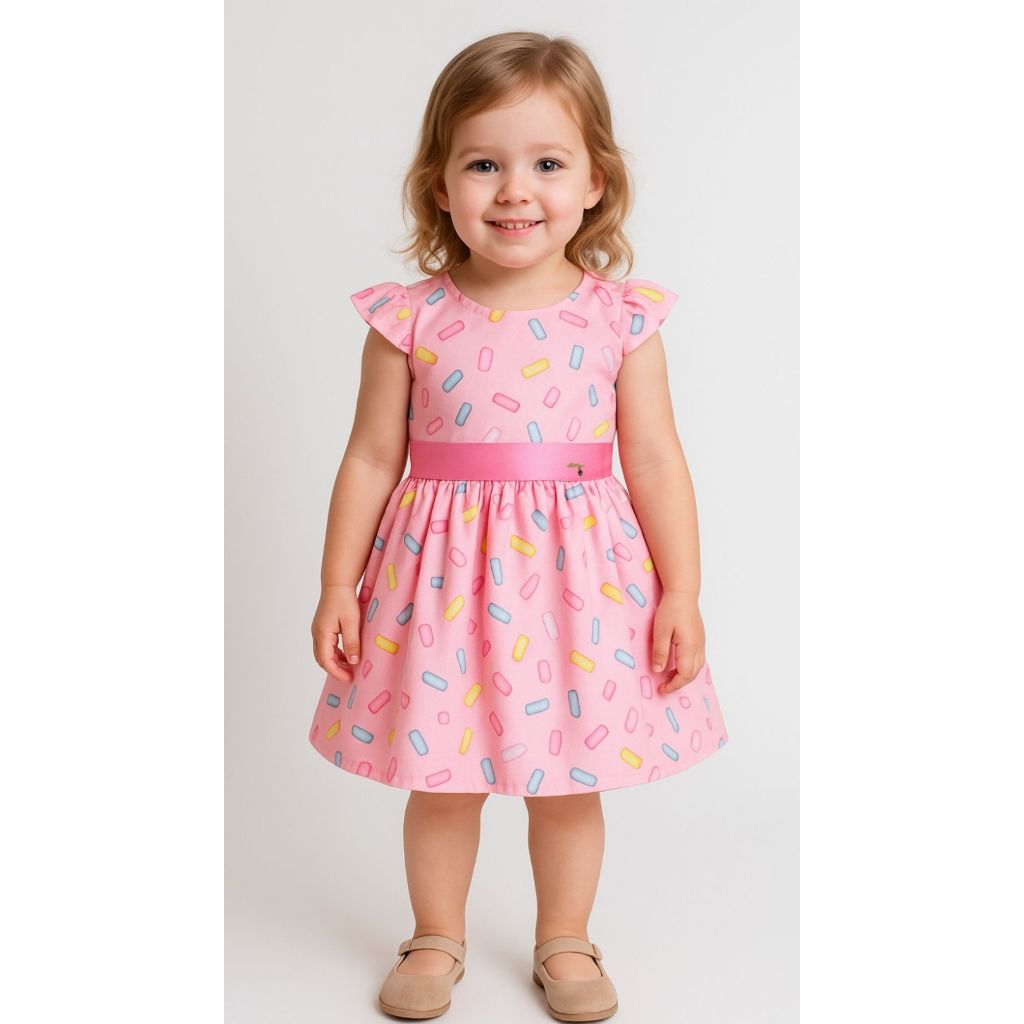 Vestido de Festa Infantil Com Estampa Divertida de Granulado Colorido Tam 1 a 4 Anos Rosa