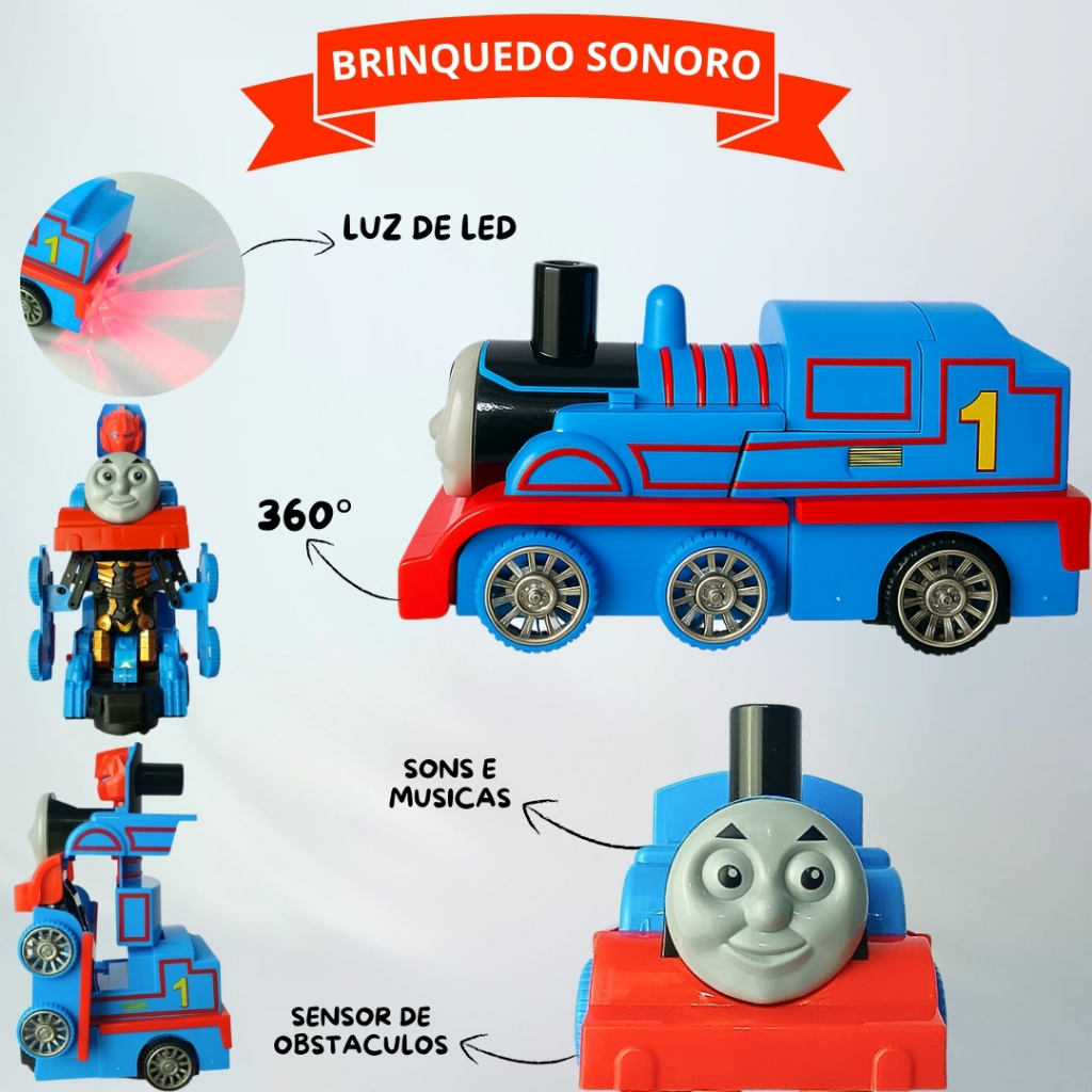 BRINQUEDO TOMAS TREM QUE TRANSFORMA EM ROMO, COM SOM SENSOR DE OBSTACULO, 360°, MUSICAS E LUZ DE LED