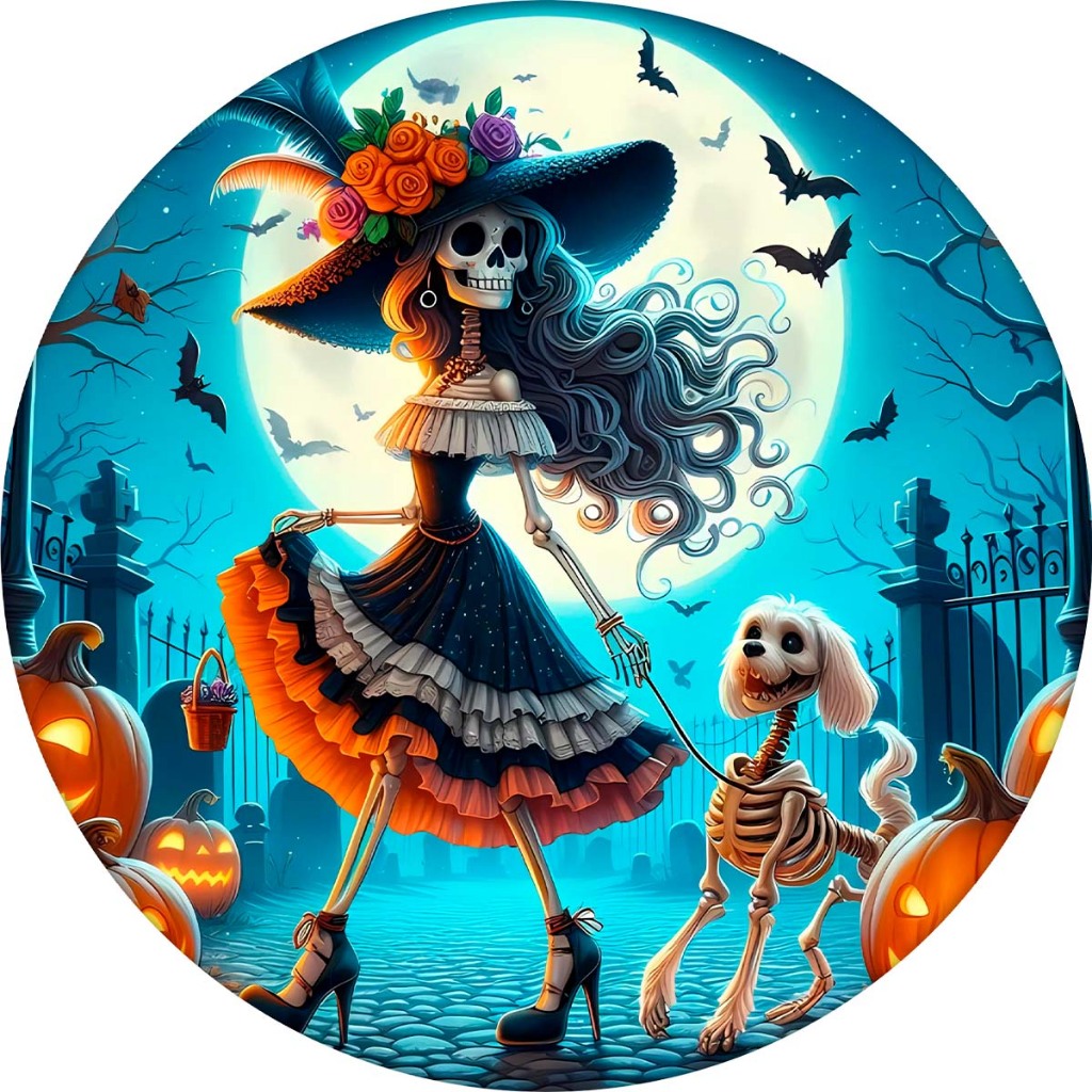 Decoração Festa Halloween Painel Redondo Sublimado Caveira Mexicana Grande 150 cm + Suporte