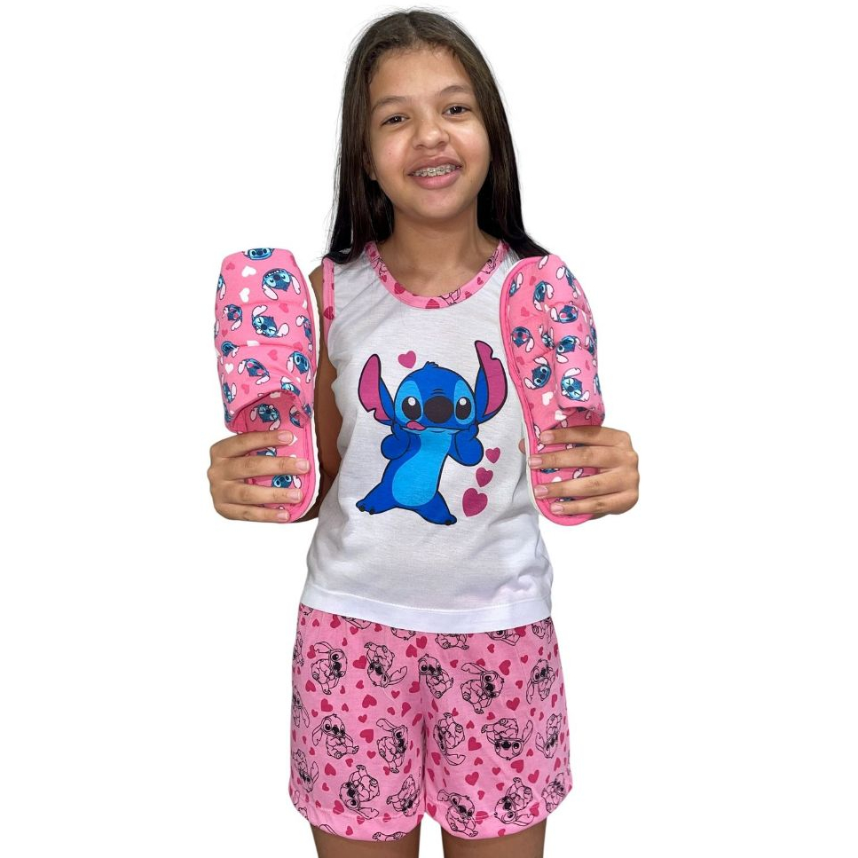 kit short doll regata infantil+pantufa verao personagens blogueira stitch pijama baby doll feminino