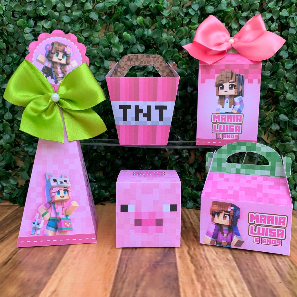PEGUE E MONTE - Caixinhas Personalizadas Minecraft Rosa Menina - Lembrancinha Kit Festa Aniversário