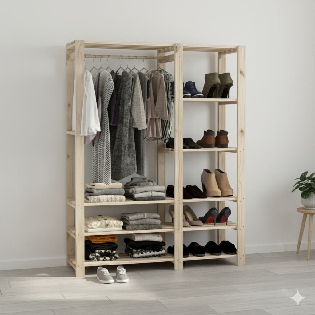 Armário Duplo Guarda Roupa Aberto Organizador Arara Roupa Prateleira Cabideiro Madeira Pinus