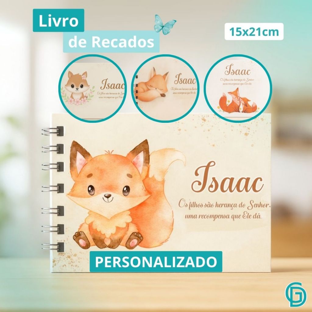 Livro De Recados Personalizado Chá De Bebê Maternidade Aniversário Caderno Assinatura Raposa