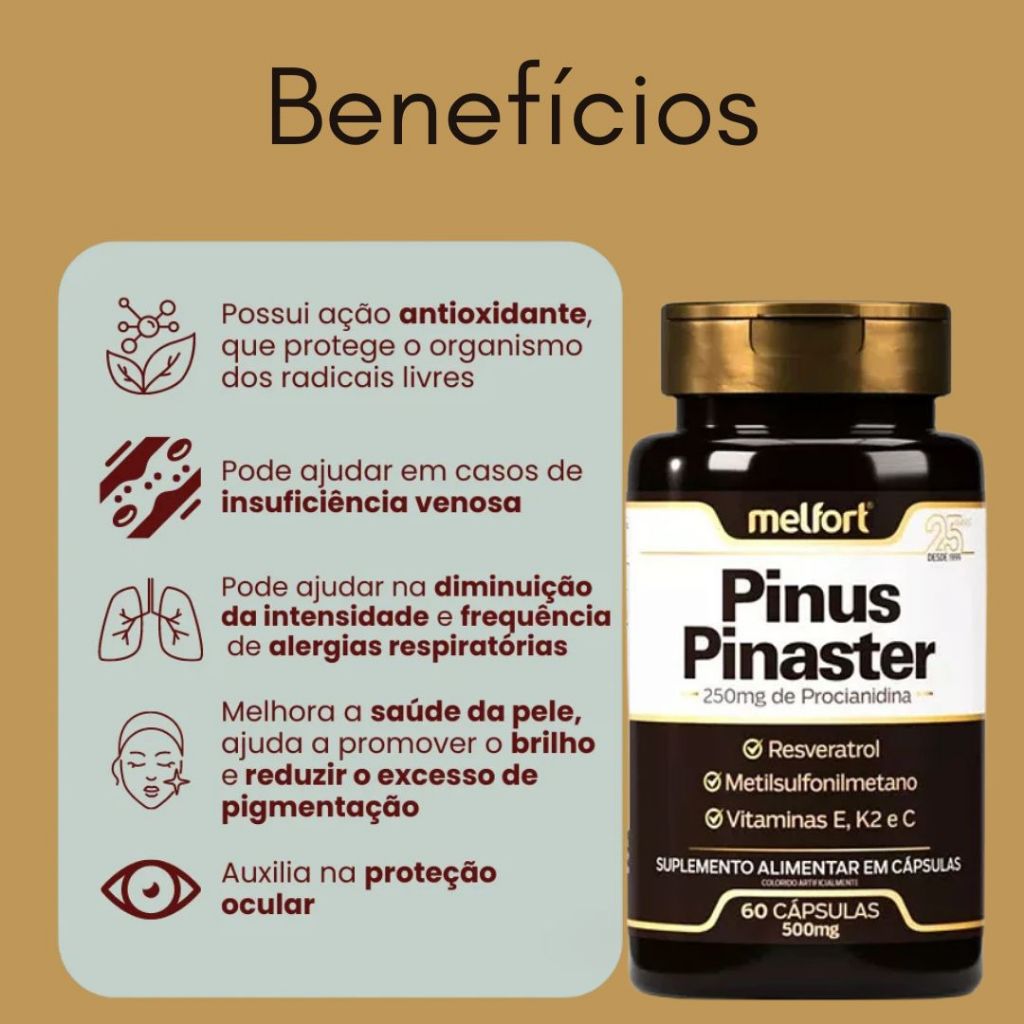 Detalhes do Pinus Pinaster Com Reverastrol, Vitamina E K2 e C 60 Cáps
