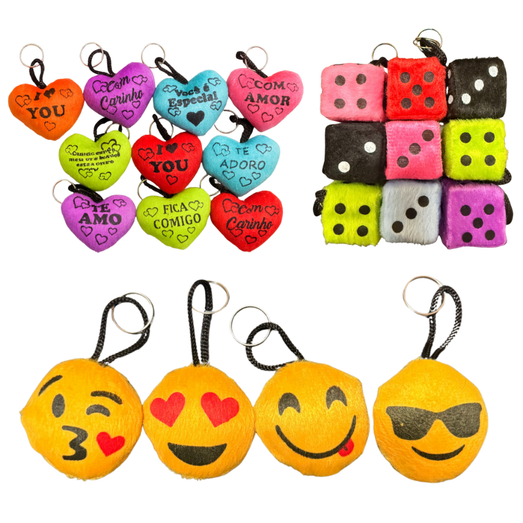 Kit 10 Chaveiros De Pelúcia Emoji Coração Dado Com Frases