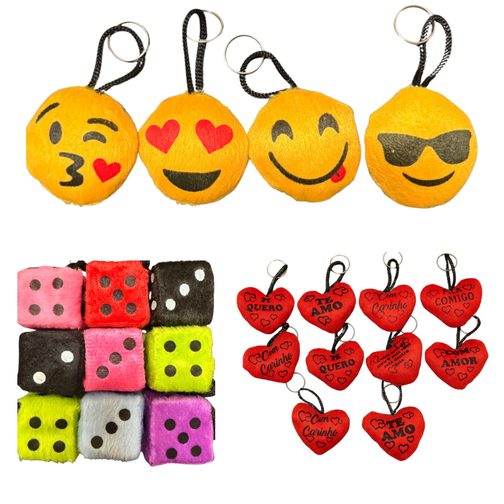 Kit 12 Chaveiros De Pelúcia Emoji Coração Dado Ideal Para Presentear Atacado Revenda