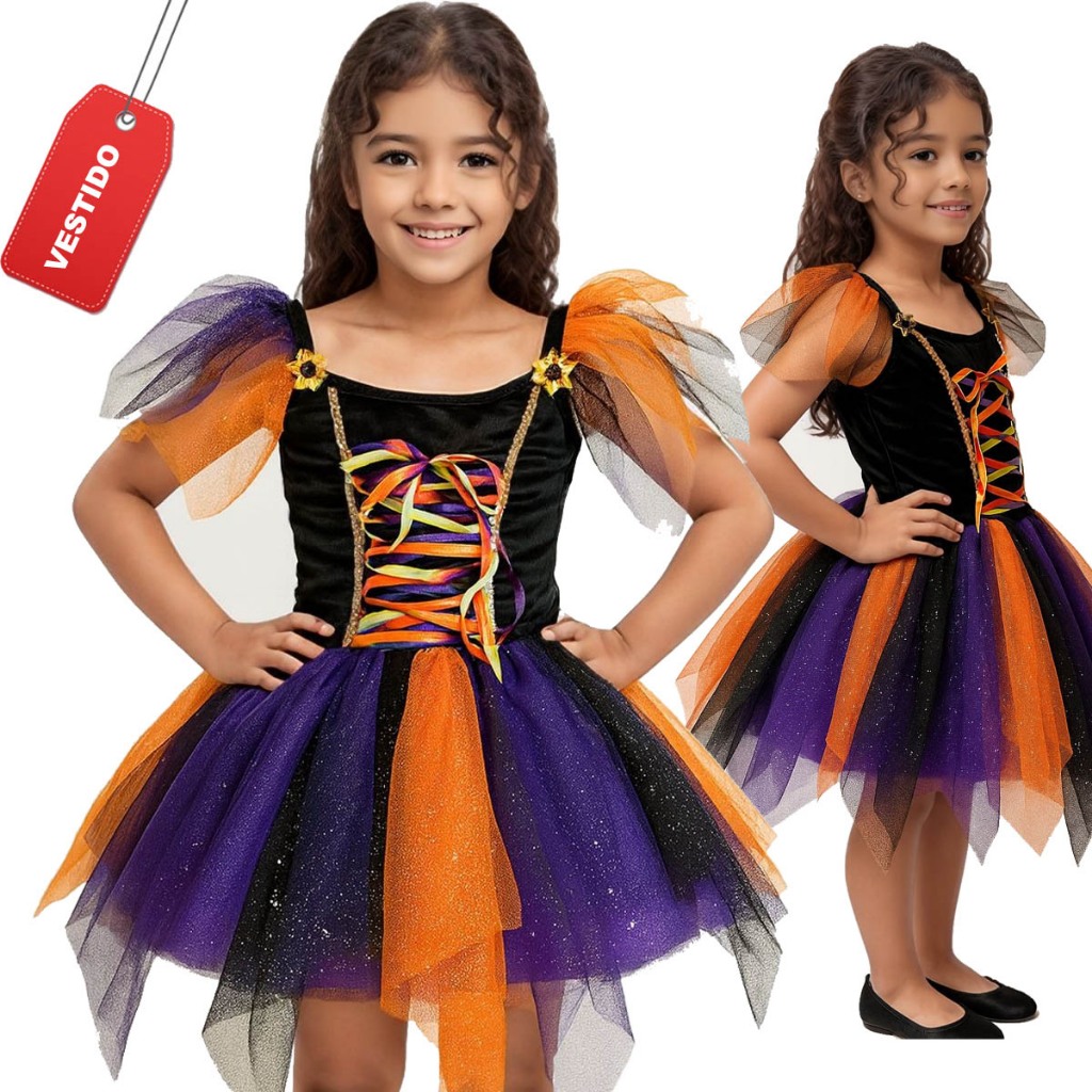 Fantasia Bruxa Infantil Colorida Menina Luxo Fantasia Brilho Bruxinha Halloween Carnaval Aniversário