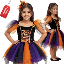 Fantasia Bruxa Infantil Colorida Luxo Brilho Bruxinha Halloween Carnaval Aniversário + Tiara