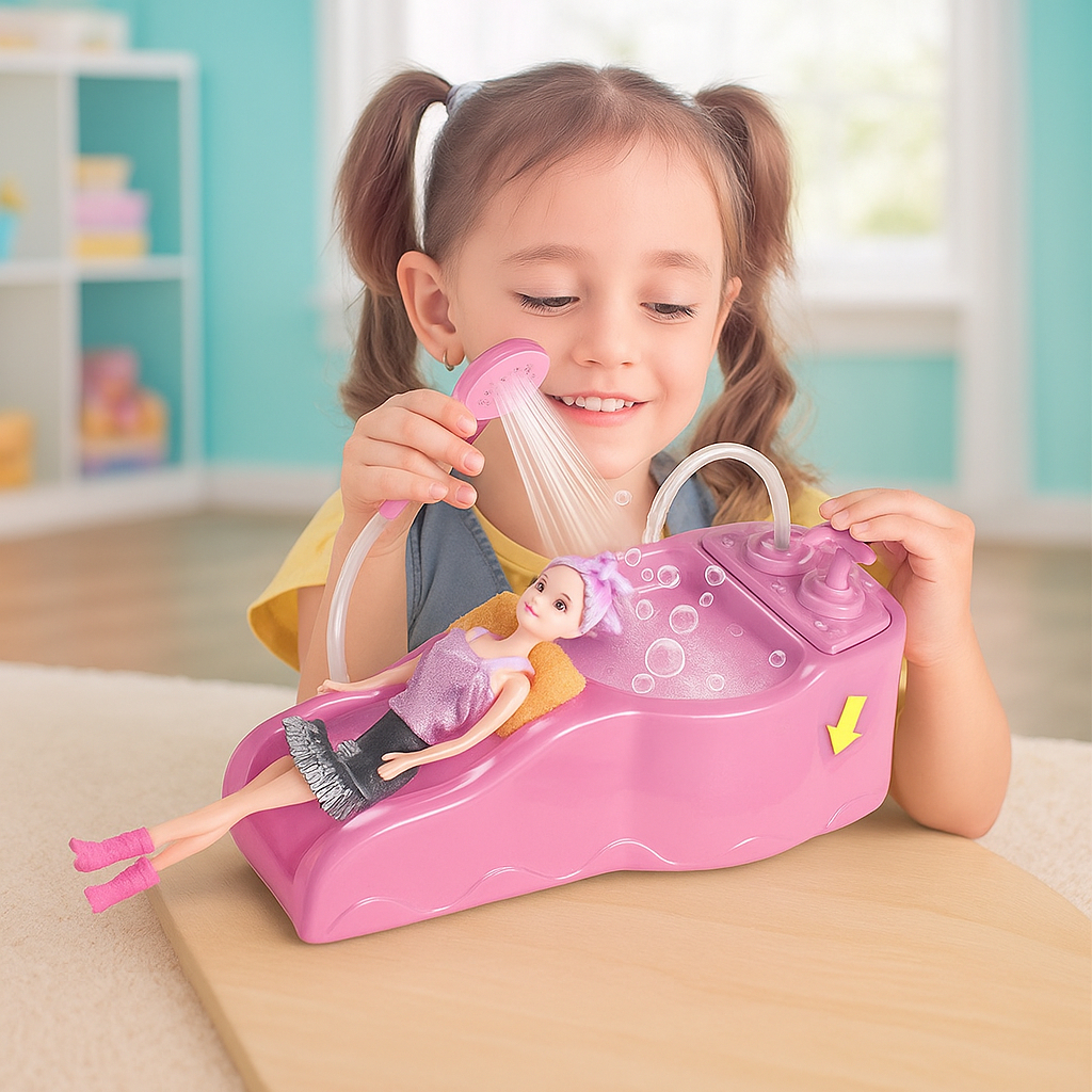 Salão de Beleza Brinquedo Infantil Kit Lavatório com Boneca Ducha Sai água de Verdade com Acessórios