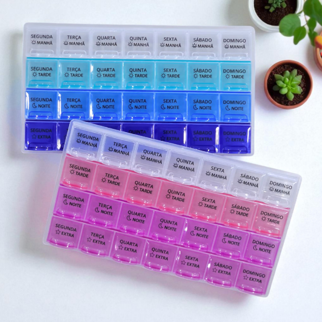 Porta Comprimido Diário Semanal e Mensal 28 Compartimentos Caixa Portátil para Remédios Medicamentos