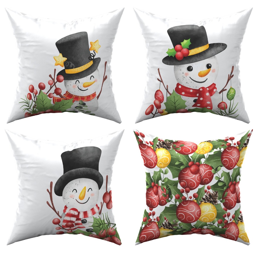 Kit 4 Capas de Almofada Natalinas 45x45cm – Decoração de Natal Sala Sofá Poltrona Enfeites