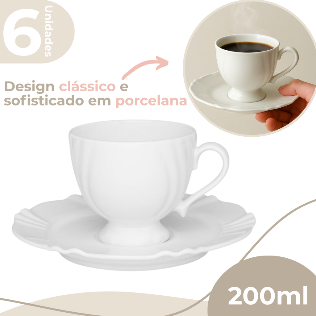 Jogo 6 Xícaras de Chá Café com Pires 200ml Soleil White Branco Oxford Porcelanas em Oferta na Shopee