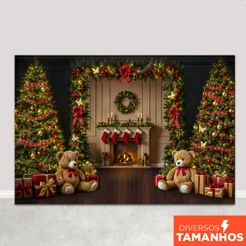 Painel Fundo Fotográfico Natal Decoração Cenário Ursinhos Natalinos Em Tecido Sublimado