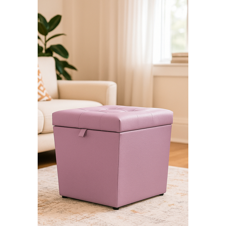 Puff Baú Estofado Corino Decorativo 100% MDF Lilás corino