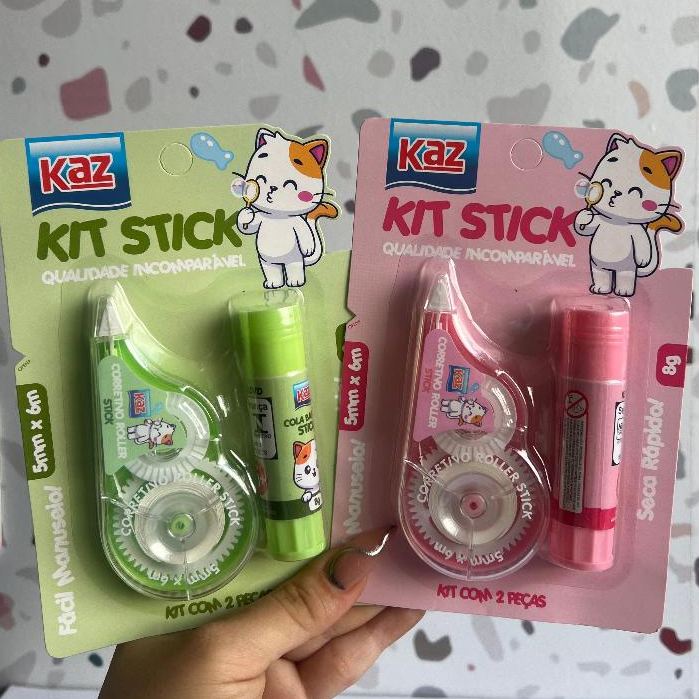 Kit Stick Corretivo em Fita Roller e Cola em Bastão Kaz Qualidade Incoparável Fácil Manuseio KZ835RS Gato Verde ou Rosa em Oferta na Shopee