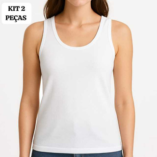 KIT 2 BLUSAS REGATA FEMININA 100% ALGODÃO BÁSICA CAMISETA LISA PRETA E BRANCA em Oferta na Shopee