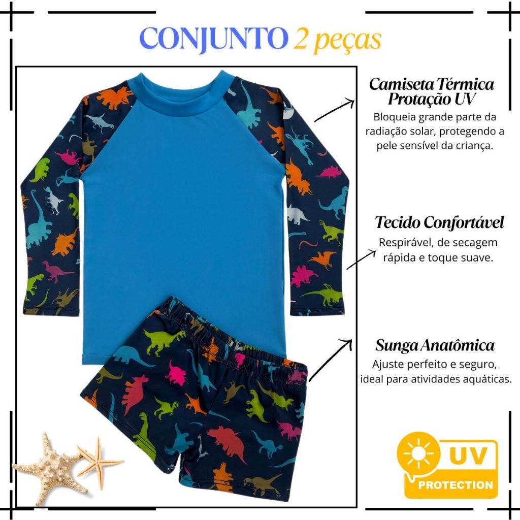 Kit Conjunto Camiseta Térmica Sunga Menino UV Proteção Solar Moda Praia Piscina Infantil Banho Verao