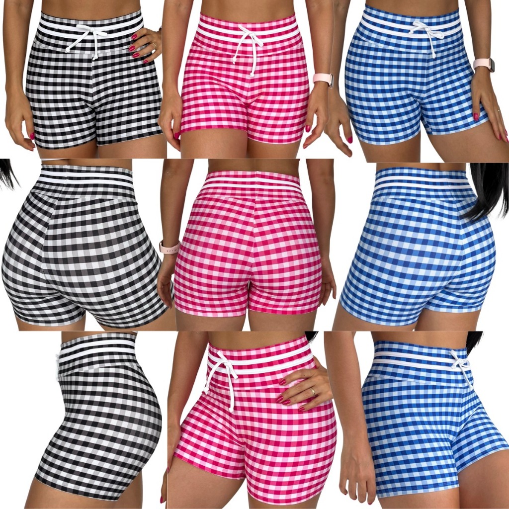 Bermuda Feminina Xadrez Quadriculada Cintura Alta Meia Coxa Fitness Corrida Preto Azul e Rosa