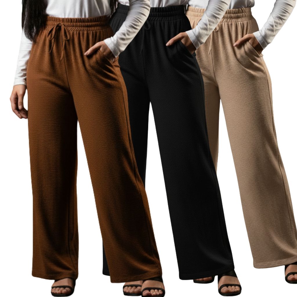 Kit 3 Calça Feminina Pantalona Duna Com Bolso Elegante Wid Leg Crepe Duna Lazinho Premium