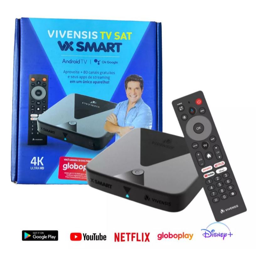 Aparelho de Tv Vx Smart Vivensis Sat Hd Android Tv 4k Wi-fi Dual HDTV Bluetooth c/ Controle + Antena KU