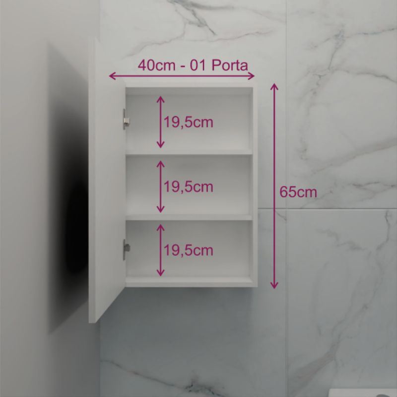 Espelheira 40cm Para Banheiro 1 Porta 100%MDF Branco -JA MONTADO