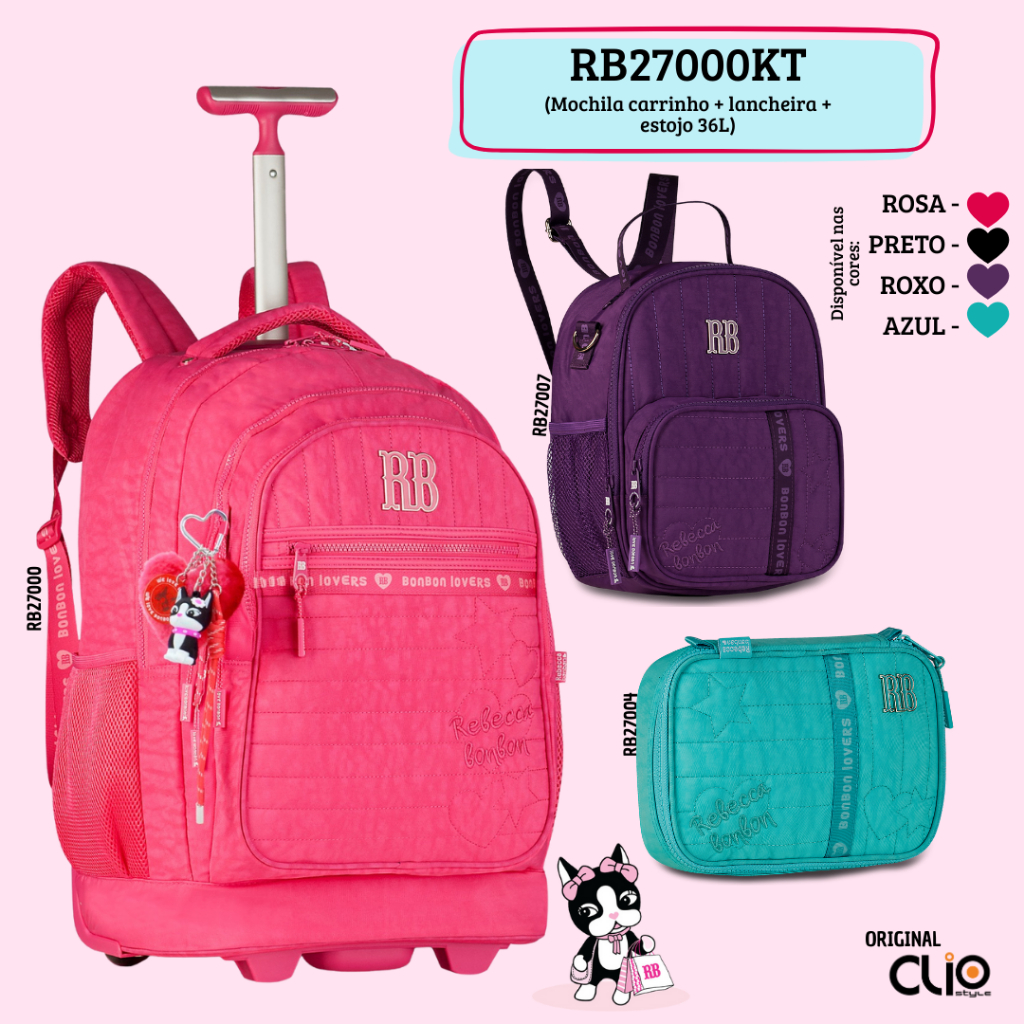 Clio Style -  KIT Escolar Infantil Rebecca Bonbon - 3 peças - Mochila Carrinho + Lancheira + Estojo 36L - RB27000KT