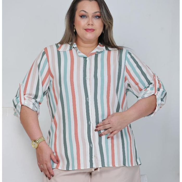 CAMISA SOCIAL FEMENINA ELEGANTE PLUS SIZE LISTRADO em Oferta na Shopee
