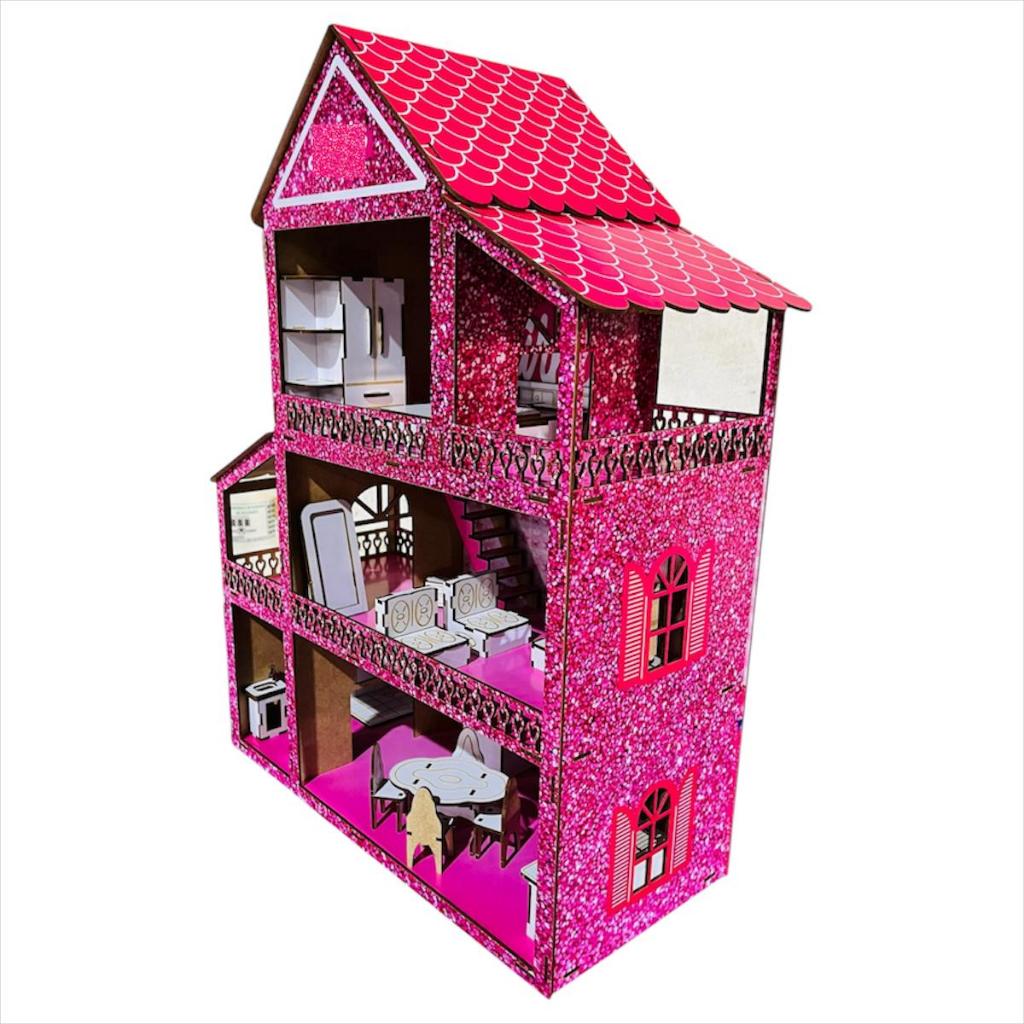 Casinha De Boneca Rosa Glitter + Kit 22 Moveis Desmontado Brinquedos Educativo