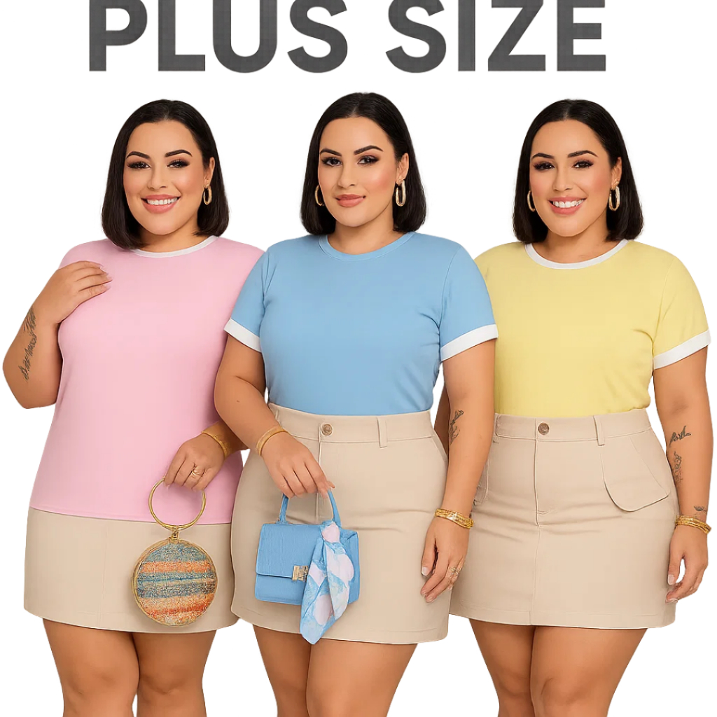 Camiseta Feminina Plus Size Manga Dobrada (44 ao 52) Estilosa Tecido Macio e Confortável