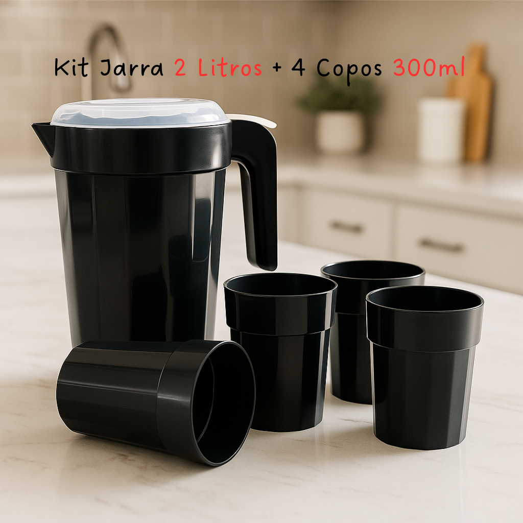 Kit Jarra Plástica 2 Litros com Tampa + 4 Copos 300ml–Reutilizáveis,Duráveis e Ideal para Uso Diário