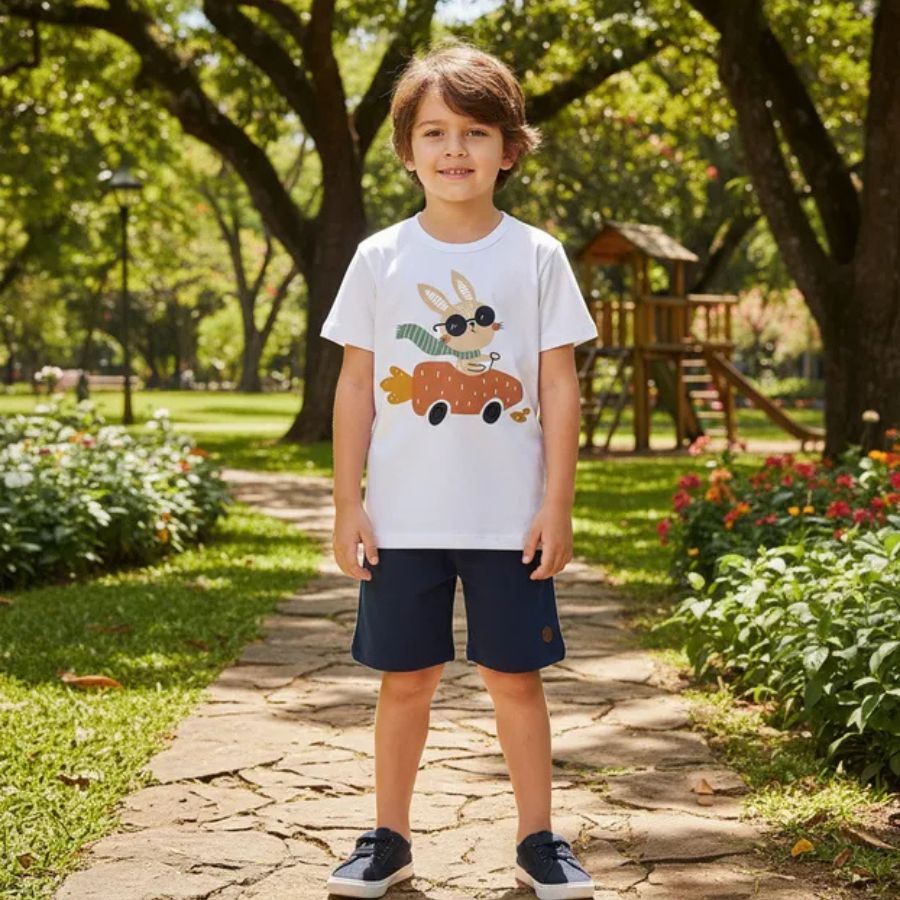 Conjunto infantil camiseta manga curta e shorts moletinho coelho páscoa 100% algodão em Oferta na Shopee