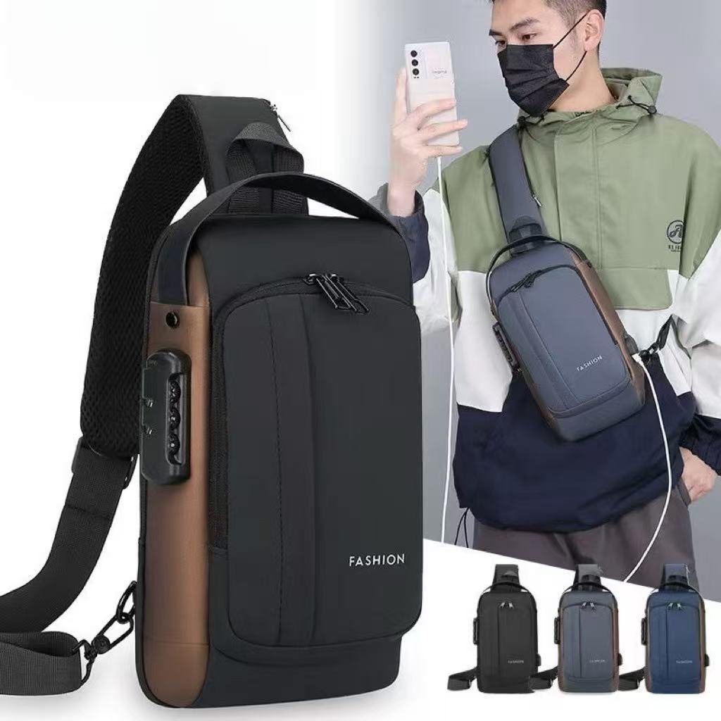 Mochila De Peito Masculina À Prova D'água De Trava Código Antifurto Com Usb Tecido Com Detalhe Na Costura Mais Um Bolso em Oferta na Shopee