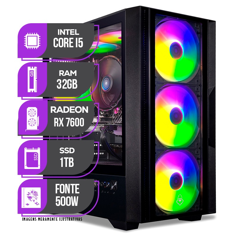 PC Gamer Mancer, Intel i5-10400F, RX 7600 8GB, 32GB DDR4, SSD M.2 1TB, Fonte 500W 80 Plus